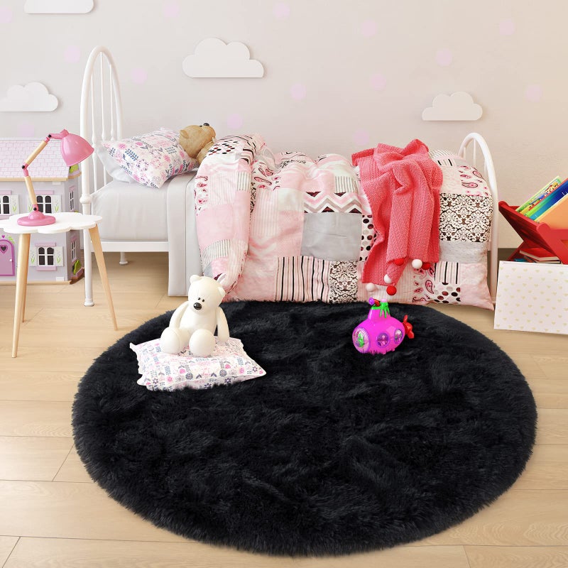 junovo Round Rug 6x6 Feet Fluffy Soft Area Rugs for Kids Girls Room Princess Castle Plush Shaggy Carpet Cute Circle Nursery Rug for Kids Teen's Bedroom Home Decor Large Circular Carpet, Black - Image 4